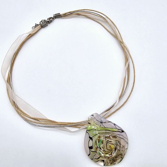 Art Glass Pendant Necklace Lamp Work Foil Swirl Green Copper Ribbon Cord Chain - Picture 4 of 10